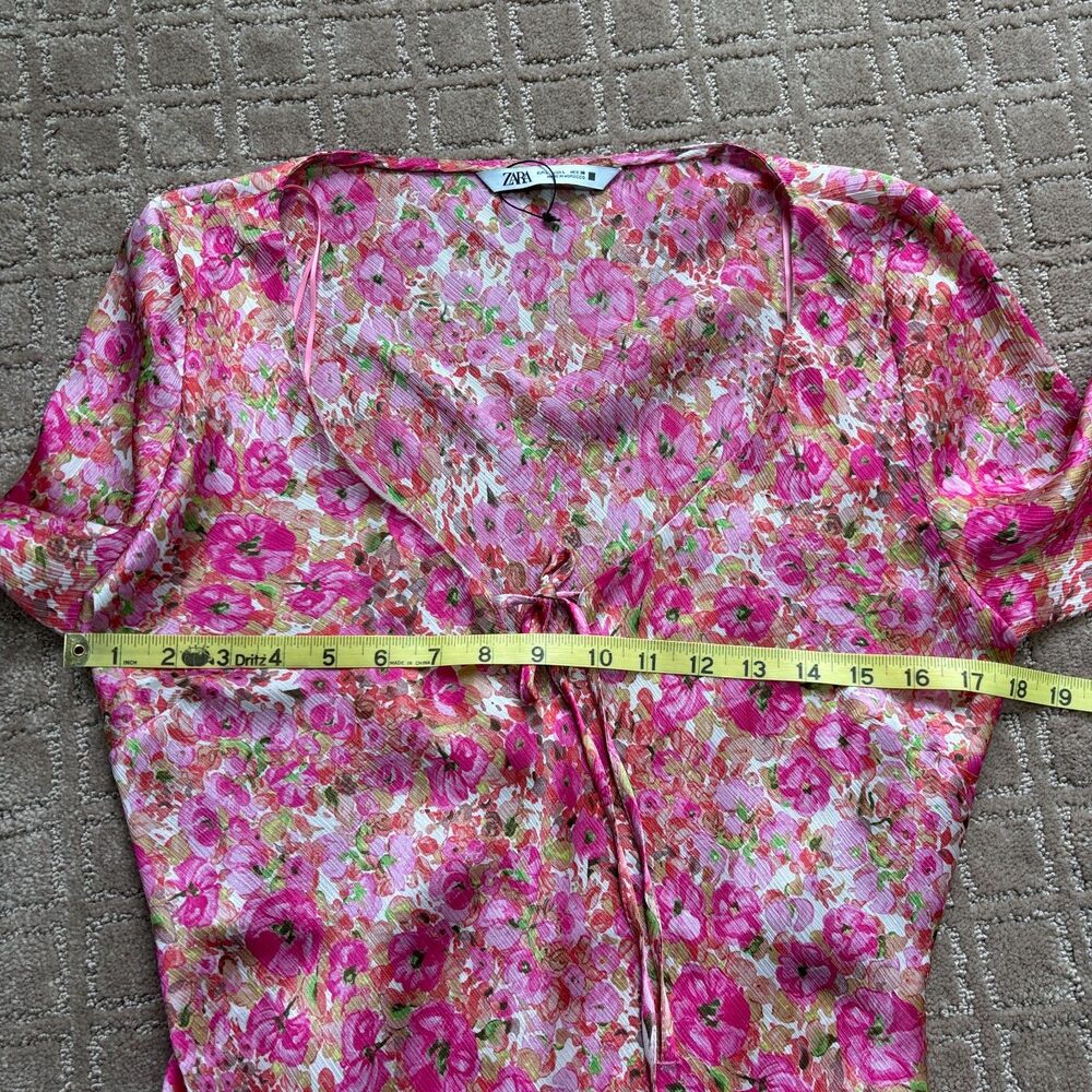Zara Floral Print Mini Dress Women's L Pink Flounce Hem Lightweight Long Sleeve - Picture 8 of 10